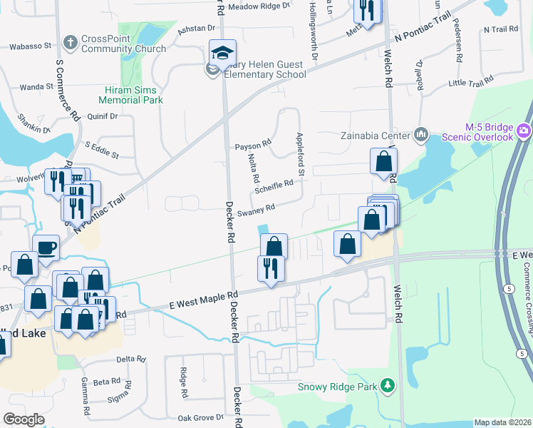 map of restaurants, bars, coffee shops, grocery stores, and more near 1778 Swaney Road in Walled Lake