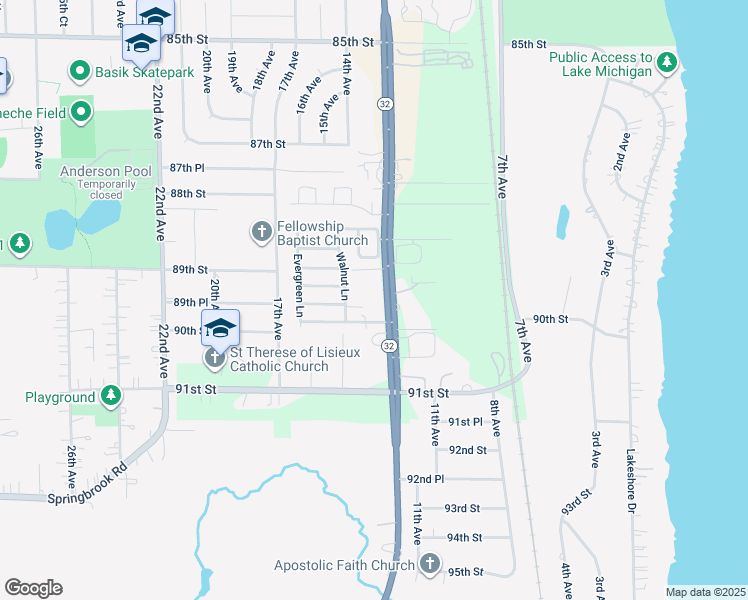 map of restaurants, bars, coffee shops, grocery stores, and more near 8950 Sheridan Road in Kenosha