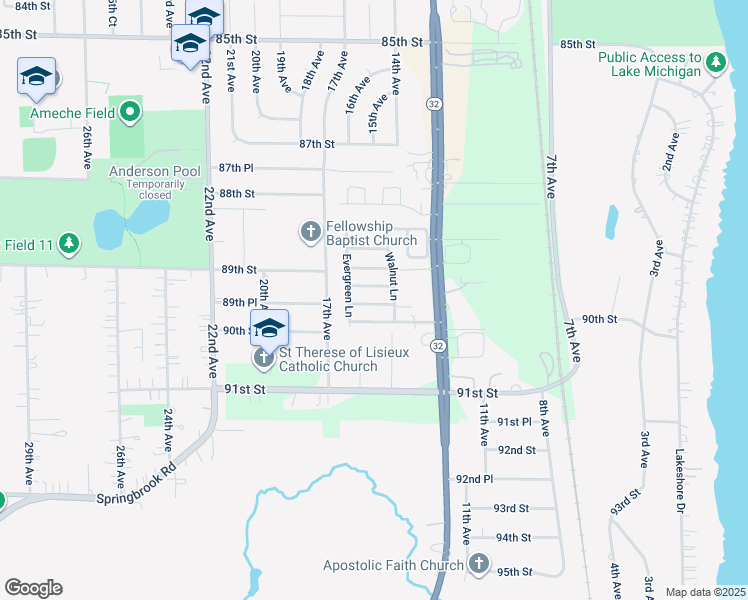 map of restaurants, bars, coffee shops, grocery stores, and more near Maple Ln in Kenosha