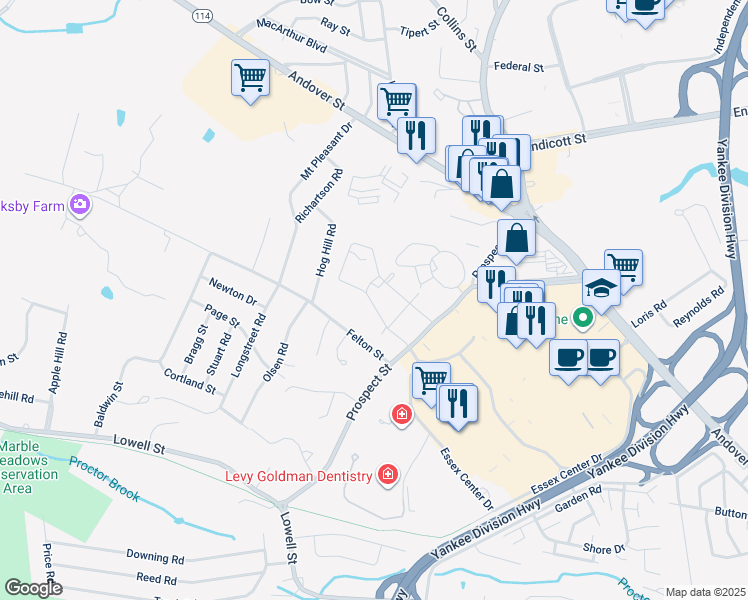 map of restaurants, bars, coffee shops, grocery stores, and more near 9 Essex Lane in Peabody
