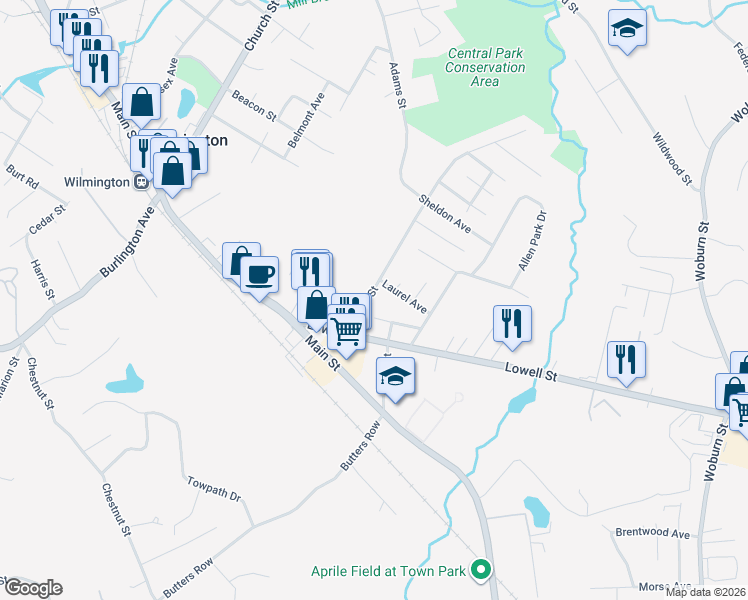 map of restaurants, bars, coffee shops, grocery stores, and more near 7 Parker Street in Wilmington