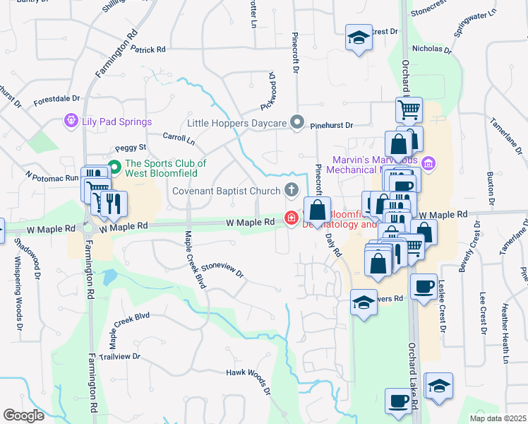 map of restaurants, bars, coffee shops, grocery stores, and more near 6475 Bauervic Boulevard in West Bloomfield Township