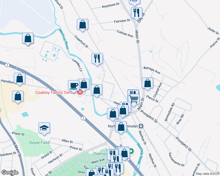 map of restaurants, bars, coffee shops, grocery stores, and more near 34 Fairmount Street in Leominster