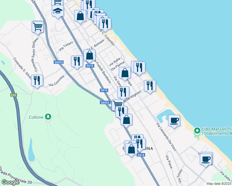 map of restaurants, bars, coffee shops, grocery stores, and more near 108 Via Fratelli Bandiera in Silvi