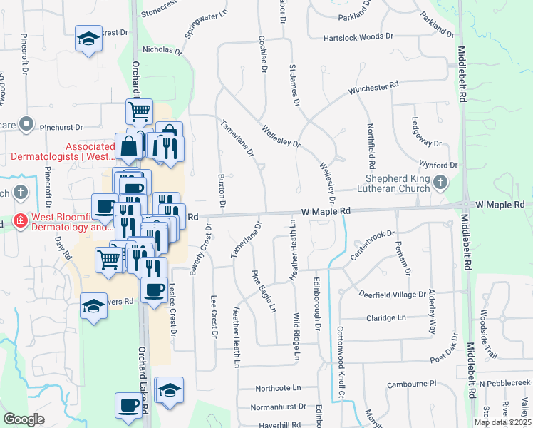map of restaurants, bars, coffee shops, grocery stores, and more near West Maple Road in Oakland County