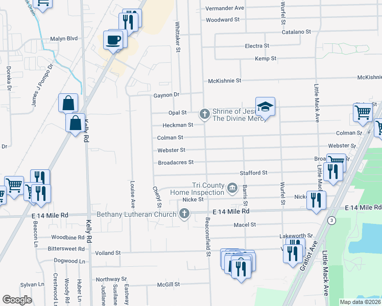 map of restaurants, bars, coffee shops, grocery stores, and more near 19550 Webster Street in Clinton Township