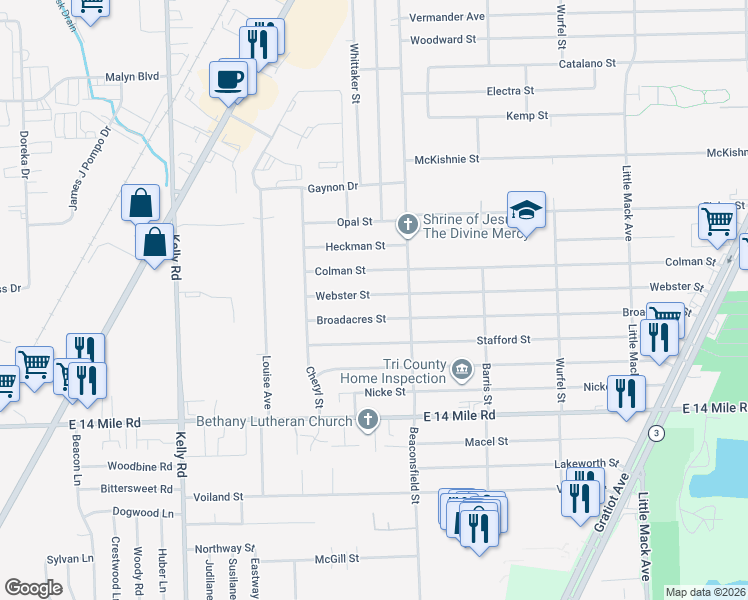 map of restaurants, bars, coffee shops, grocery stores, and more near 19550 Webster Street in Clinton Township