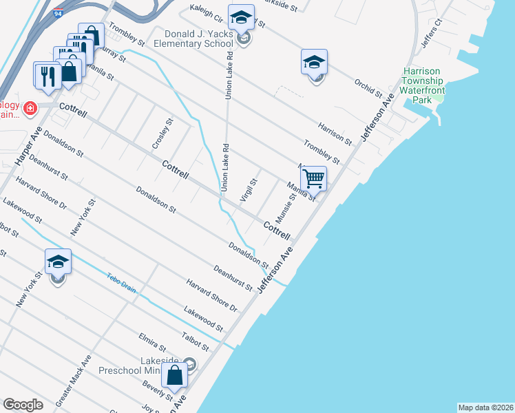 map of restaurants, bars, coffee shops, grocery stores, and more near 34325 Genereaux Street in Harrison Township