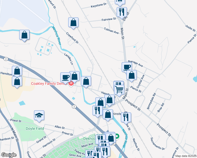 map of restaurants, bars, coffee shops, grocery stores, and more near 34 Fairmount Street in Leominster