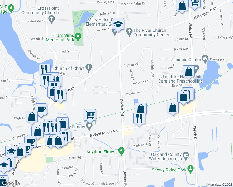 map of restaurants, bars, coffee shops, grocery stores, and more near 1653 Wimbledon Drive in Walled Lake