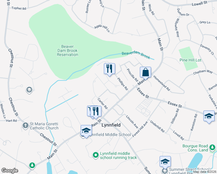 map of restaurants, bars, coffee shops, grocery stores, and more near 7 Saunders Road in Lynnfield