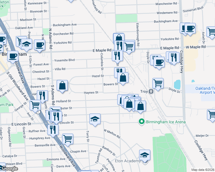 map of restaurants, bars, coffee shops, grocery stores, and more near 1844 Bowers Street in Birmingham