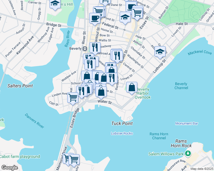 map of restaurants, bars, coffee shops, grocery stores, and more near 53 Cabot Street in Beverly