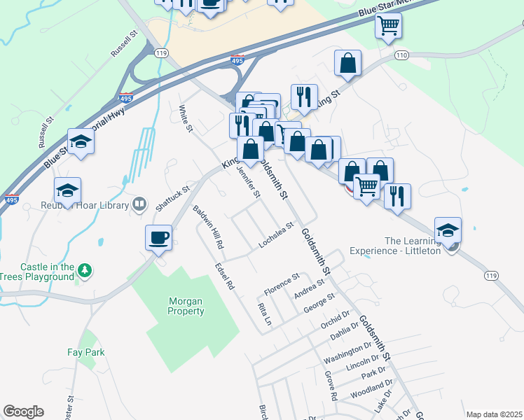 map of restaurants, bars, coffee shops, grocery stores, and more near 49 Jennifer Street in Littleton