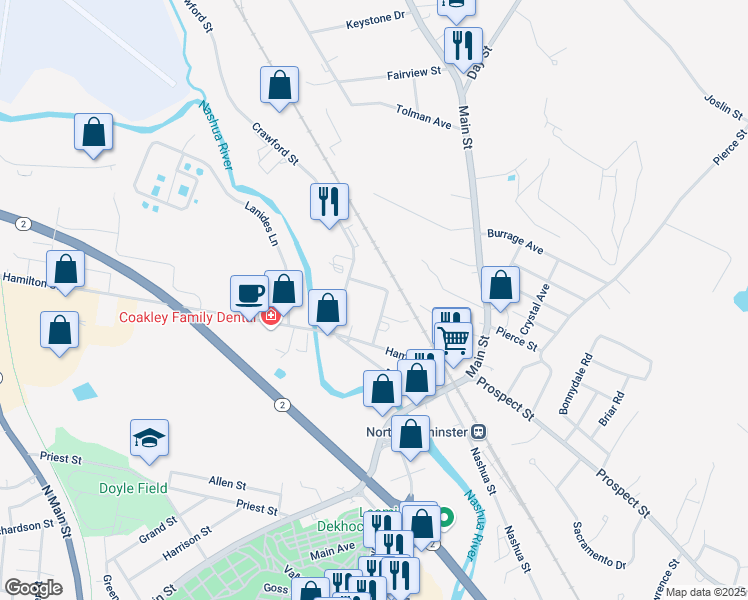 map of restaurants, bars, coffee shops, grocery stores, and more near 34 Fairmount Street in Leominster