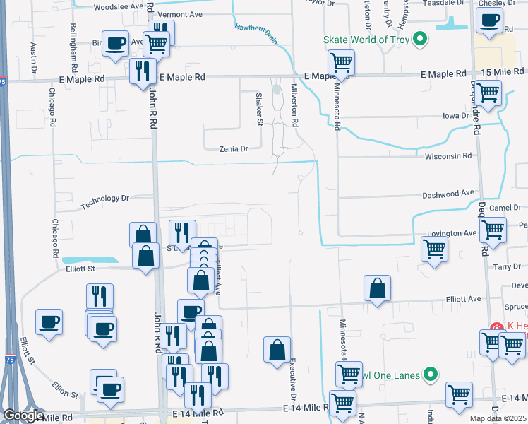 map of restaurants, bars, coffee shops, grocery stores, and more near 2205 North Lovington Drive in Troy