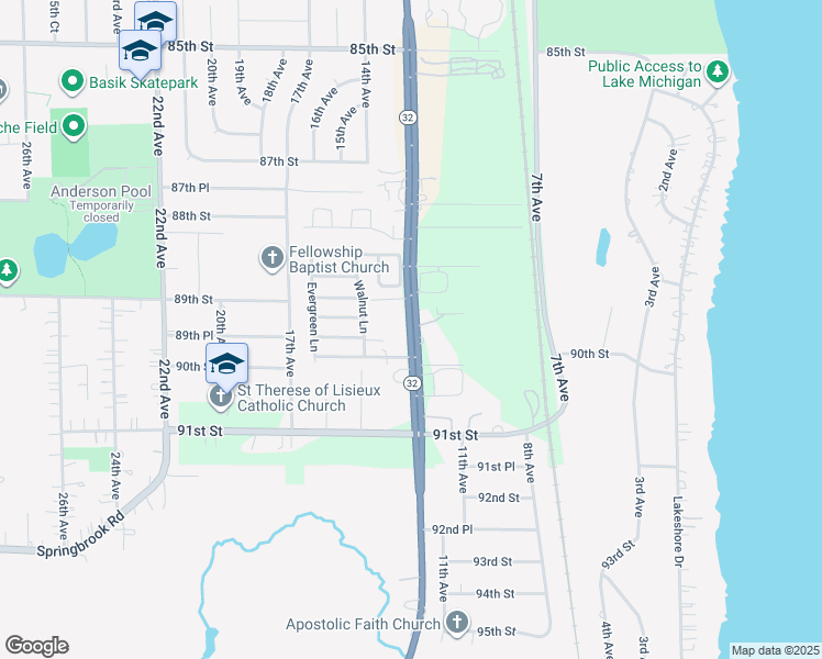 map of restaurants, bars, coffee shops, grocery stores, and more near 8950 Sheridan Road in Kenosha