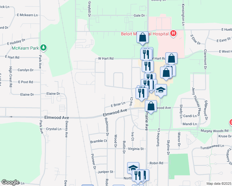 map of restaurants, bars, coffee shops, grocery stores, and more near 2645 Wood Court in Beloit