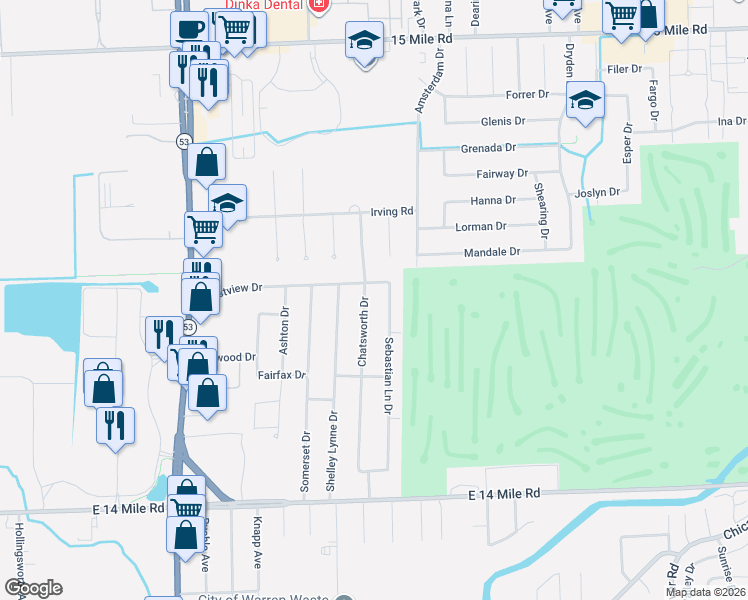 map of restaurants, bars, coffee shops, grocery stores, and more near 33831 Sebastian Lane Drive in Sterling Heights