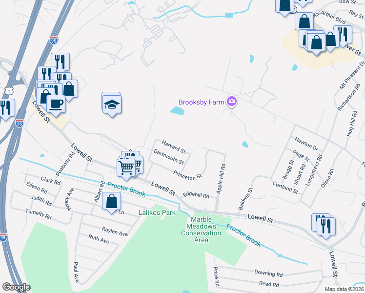 map of restaurants, bars, coffee shops, grocery stores, and more near 1 Harvard Street in Peabody