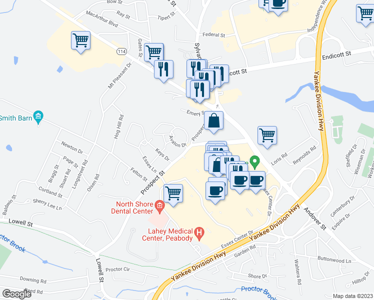 map of restaurants, bars, coffee shops, grocery stores, and more near 76 Prospect Street in Peabody