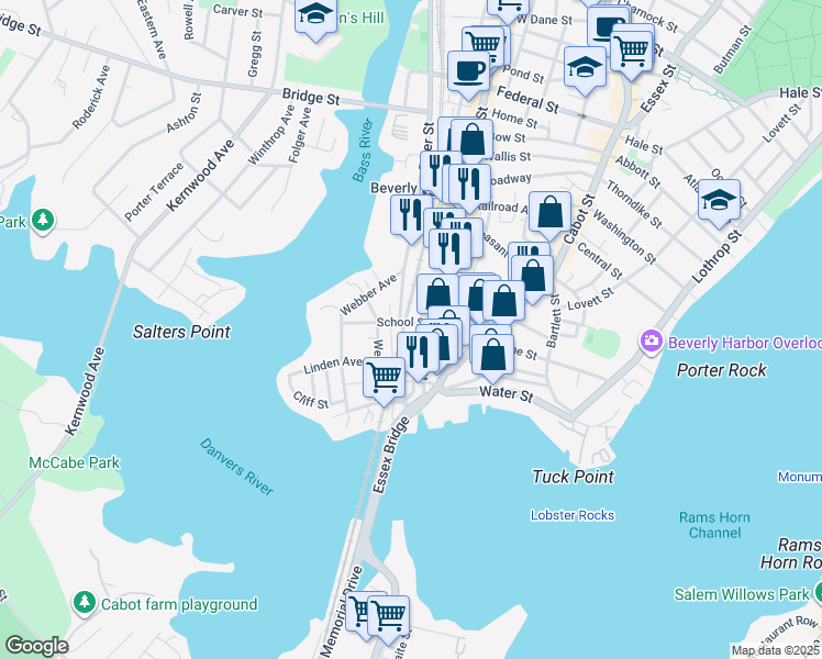 map of restaurants, bars, coffee shops, grocery stores, and more near 31 Ellingwood Court in Beverly