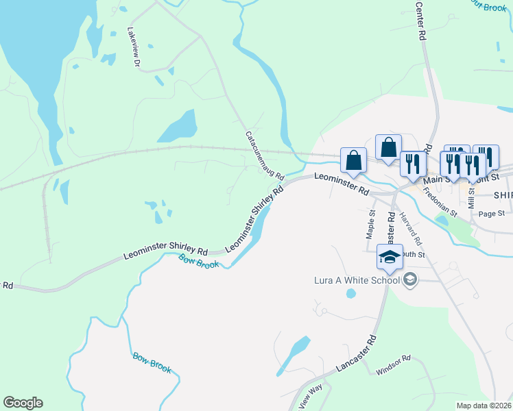 map of restaurants, bars, coffee shops, grocery stores, and more near 65 Leominster Shirley Road in Shirley