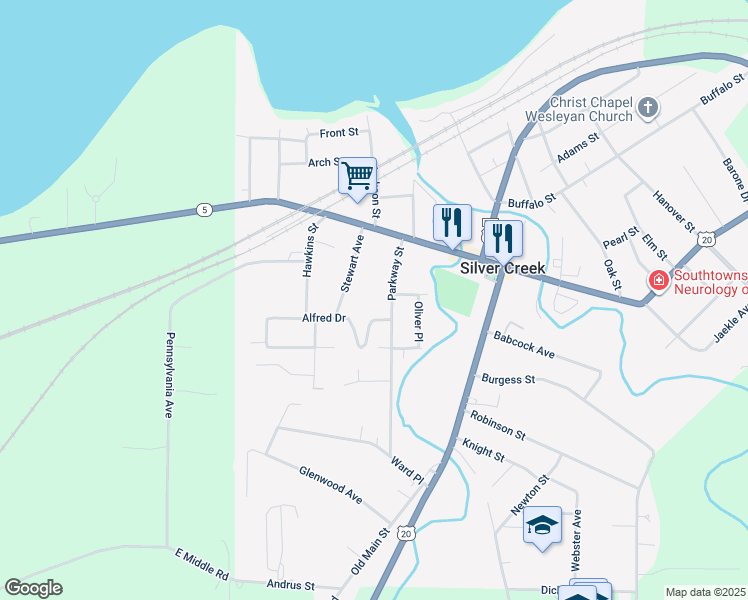 map of restaurants, bars, coffee shops, grocery stores, and more near 10 Stewart Avenue in Silver Creek