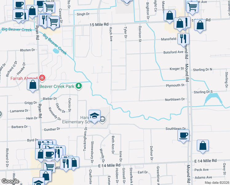 map of restaurants, bars, coffee shops, grocery stores, and more near 4948 Sanford Drive in Sterling Heights