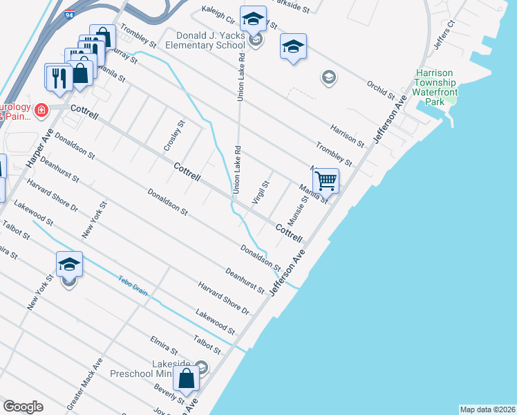map of restaurants, bars, coffee shops, grocery stores, and more near 34325 Genereaux Street in Harrison Township