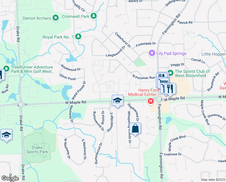 map of restaurants, bars, coffee shops, grocery stores, and more near 5384 Bentley Road in West Bloomfield Township