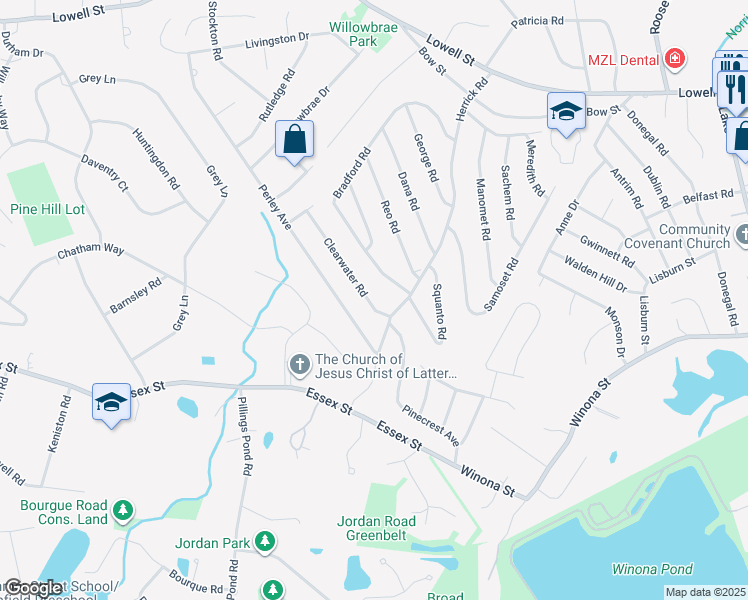 map of restaurants, bars, coffee shops, grocery stores, and more near 3 Clearwater Road in Peabody