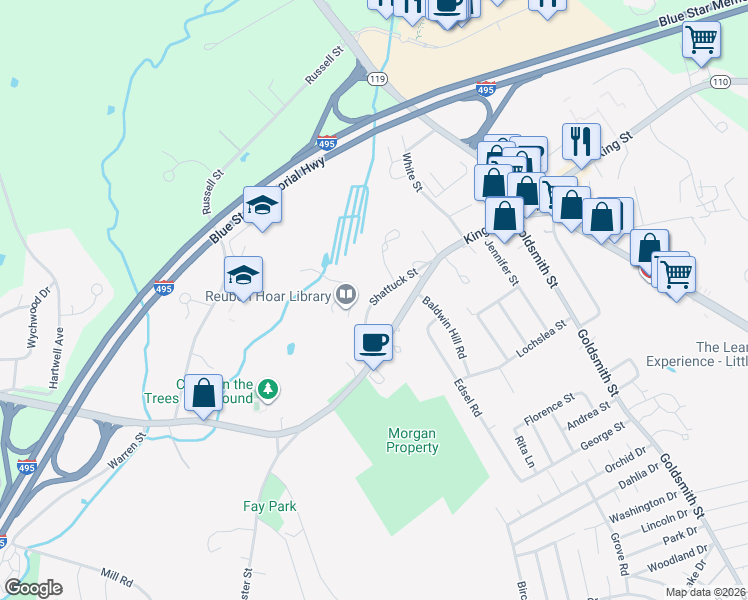 map of restaurants, bars, coffee shops, grocery stores, and more near 28 Shattuck Street in Littleton