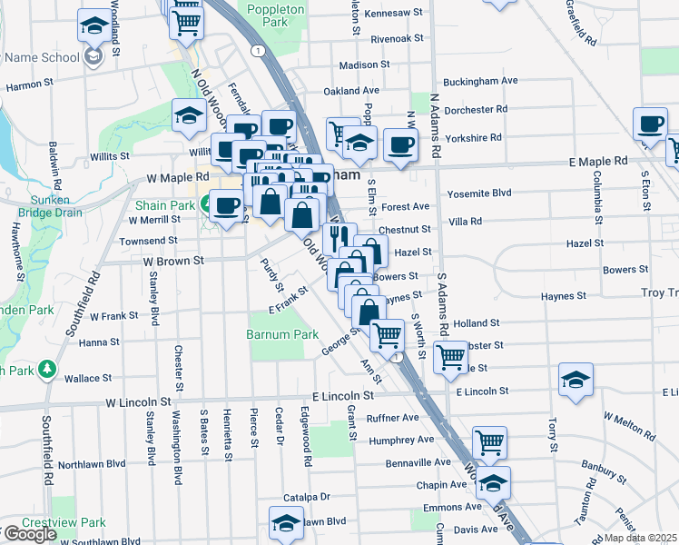 map of restaurants, bars, coffee shops, grocery stores, and more near 500 South Old Woodward Avenue in Birmingham