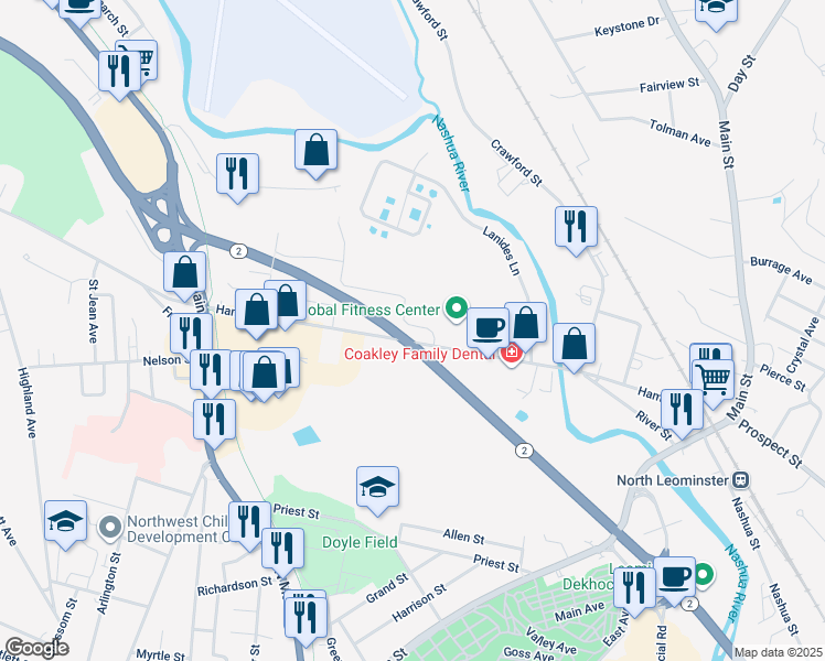 map of restaurants, bars, coffee shops, grocery stores, and more near 54 Colbert Street in Leominster