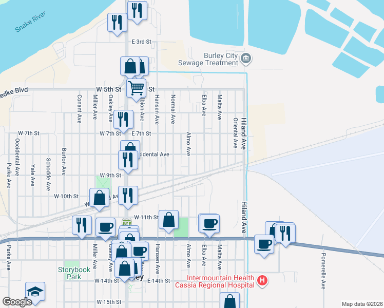 map of restaurants, bars, coffee shops, grocery stores, and more near 800 Almo Avenue in Burley