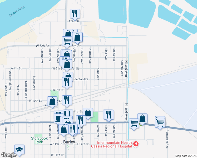 map of restaurants, bars, coffee shops, grocery stores, and more near 800 Almo Avenue in Burley