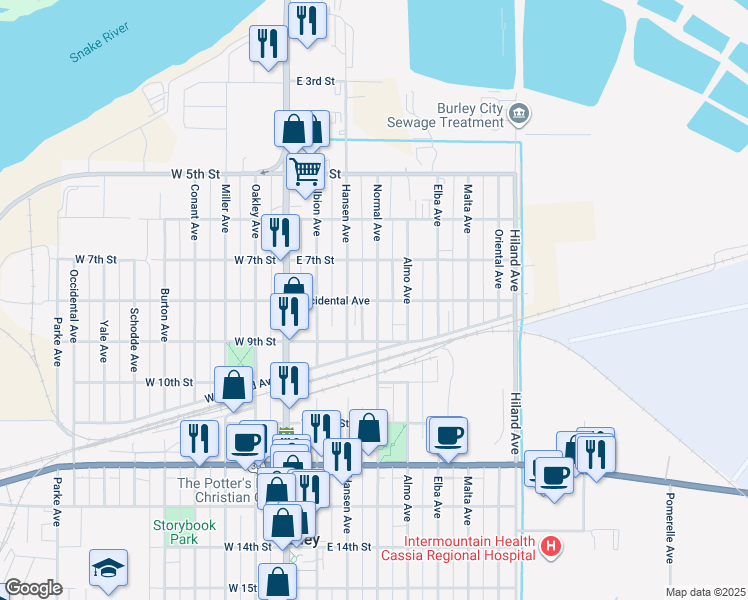 map of restaurants, bars, coffee shops, grocery stores, and more near 800 Normal Avenue in Burley