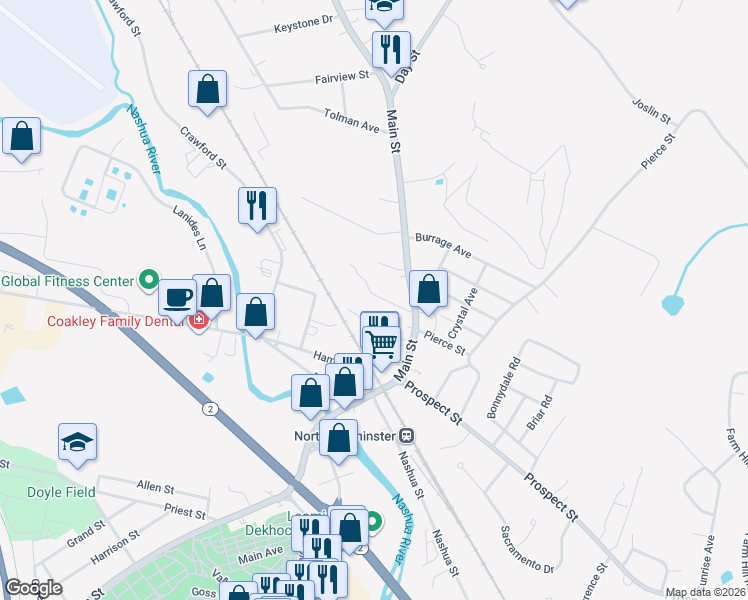 map of restaurants, bars, coffee shops, grocery stores, and more near 30 Marcello Avenue in Leominster
