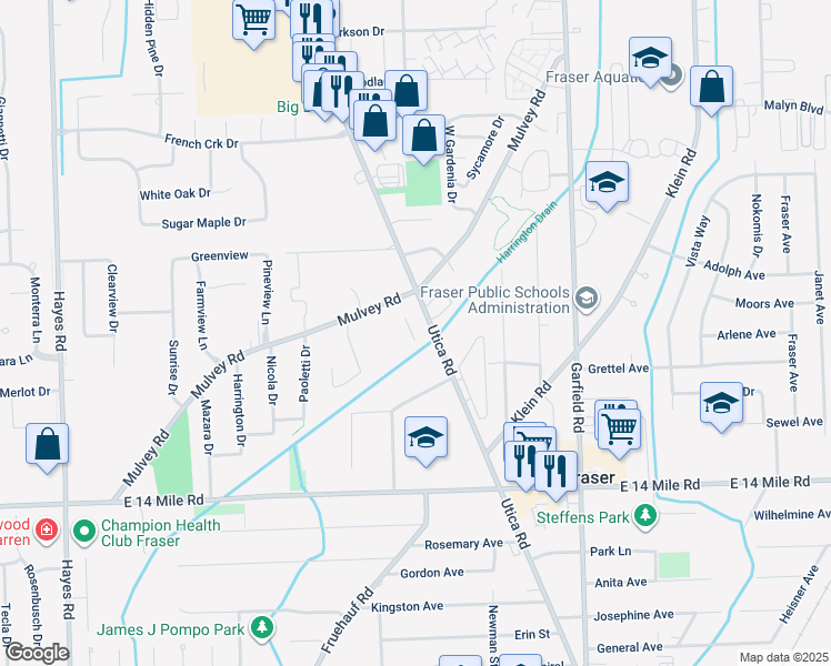map of restaurants, bars, coffee shops, grocery stores, and more near 33621 Utica Road in Fraser