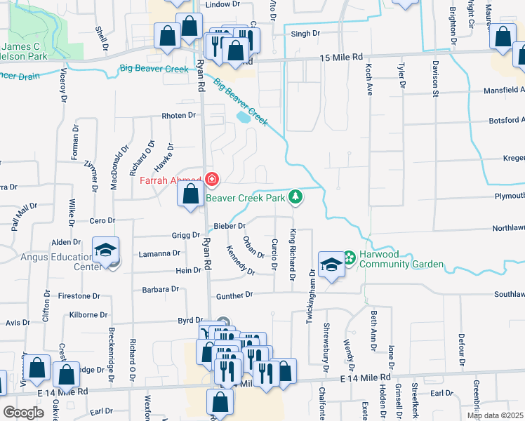 map of restaurants, bars, coffee shops, grocery stores, and more near 4288 Bieber Drive in Sterling Heights