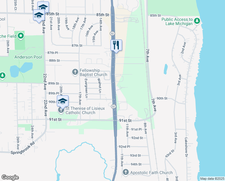 map of restaurants, bars, coffee shops, grocery stores, and more near 8950 Sheridan Road in Kenosha