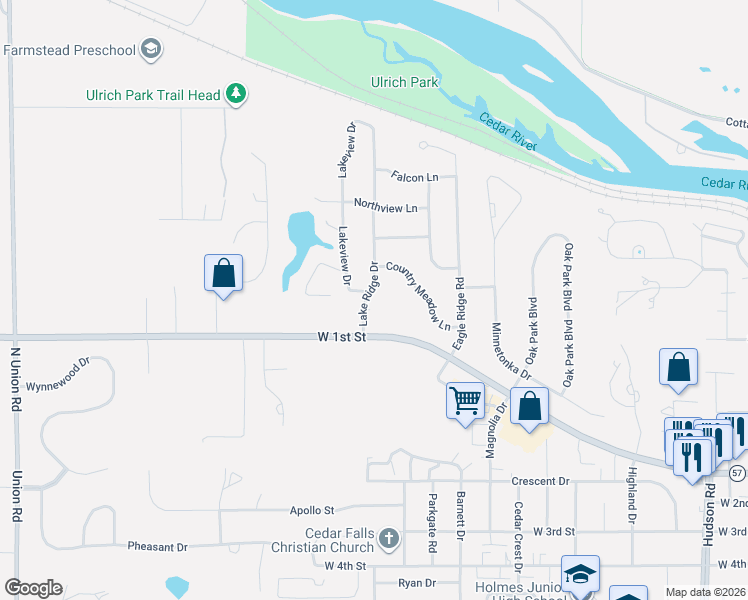 map of restaurants, bars, coffee shops, grocery stores, and more near 709 Lake Ridge Drive in Cedar Falls