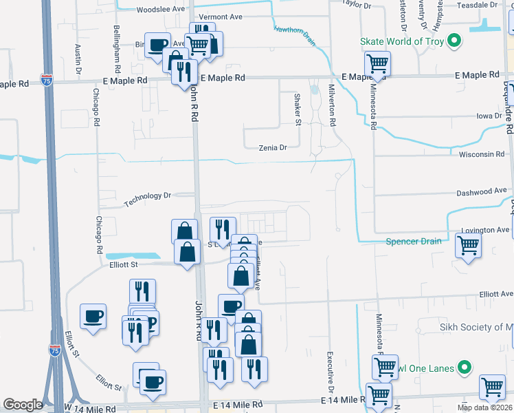 map of restaurants, bars, coffee shops, grocery stores, and more near 2127 North Lovington Drive in Troy