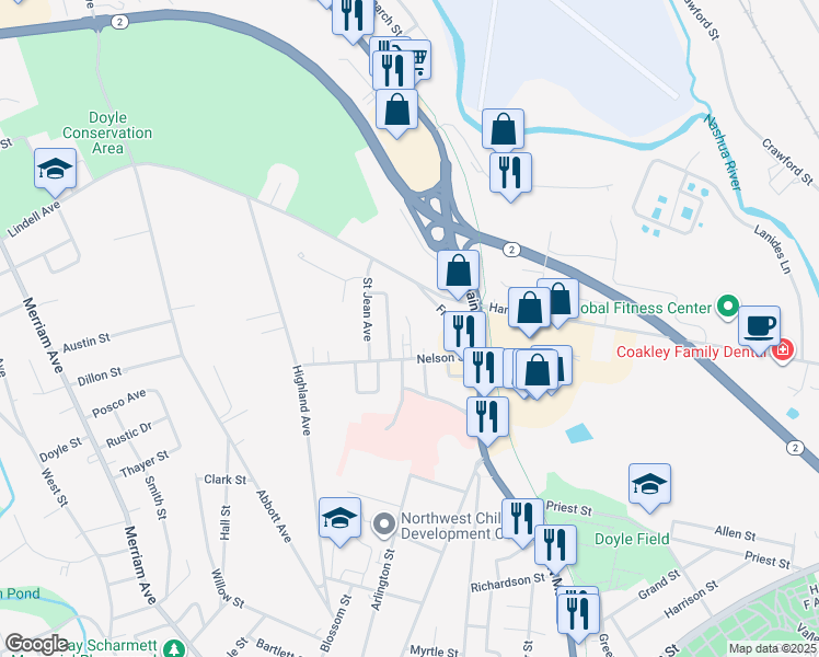 map of restaurants, bars, coffee shops, grocery stores, and more near 1 Peters Drive in Leominster