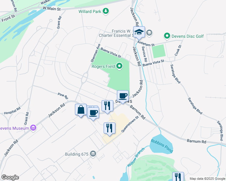 map of restaurants, bars, coffee shops, grocery stores, and more near 25 Elm Road in Devens