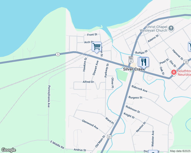 map of restaurants, bars, coffee shops, grocery stores, and more near 10 Stewart Avenue in Silver Creek