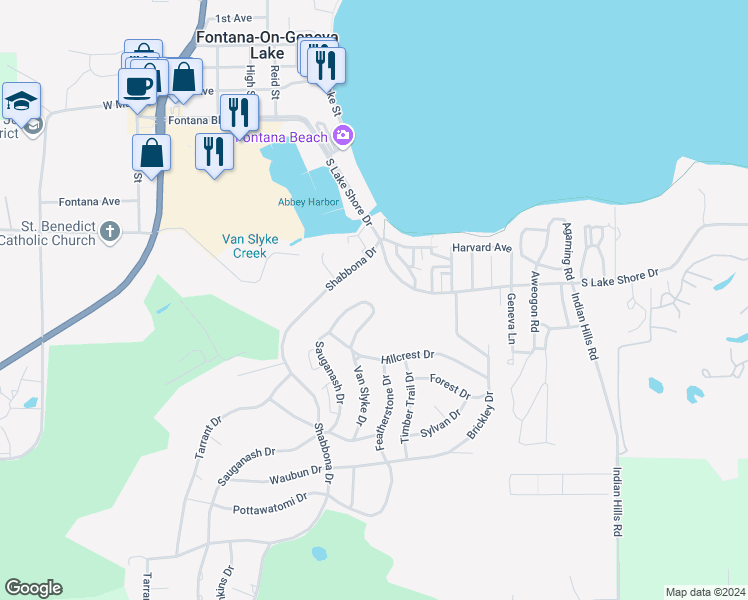 map of restaurants, bars, coffee shops, grocery stores, and more near 715 Arrowhead Drive in Fontana-on-Geneva Lake