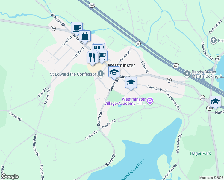map of restaurants, bars, coffee shops, grocery stores, and more near 10 South Street in Westminster