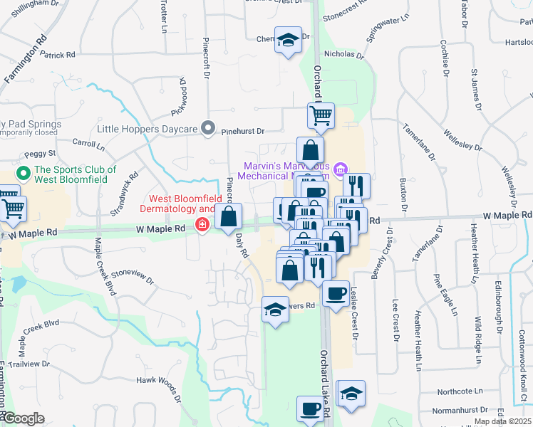 map of restaurants, bars, coffee shops, grocery stores, and more near 4196 Colorado Lane in West Bloomfield Township